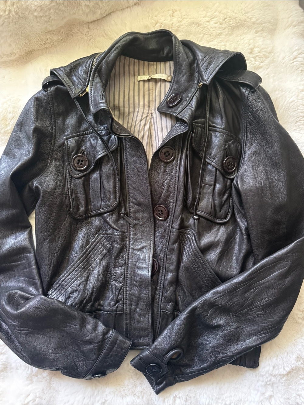 Mike & Chris Black Leather Button-Up Jacket with Hood
